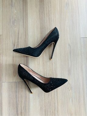 Elisabet Tang Crystal Pumps Black Rhinestone Womens 8 Pointed Toe Stiletto Party